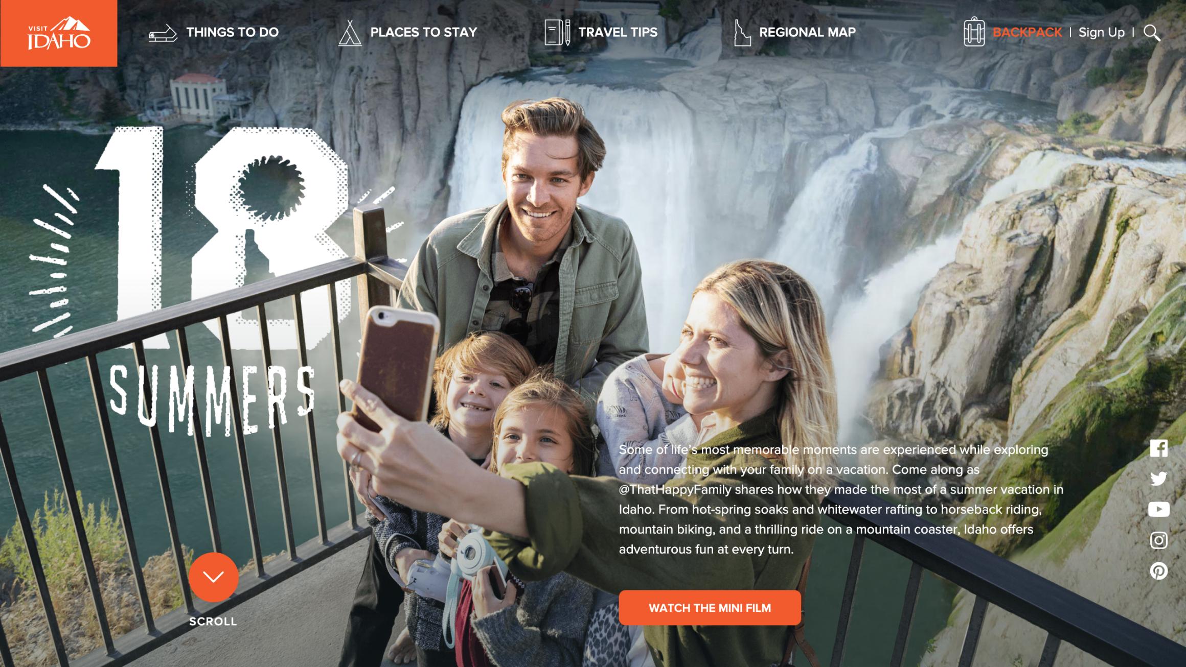 Website with Visit Idaho logo showing a family taking a selfie in front of a waterfall with a layered 18Summers logo graphic