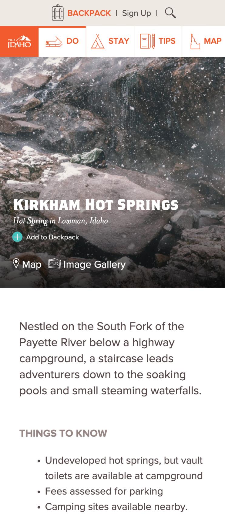 Mobile size webpage showing an overview of Kirkham Hot Springs with details