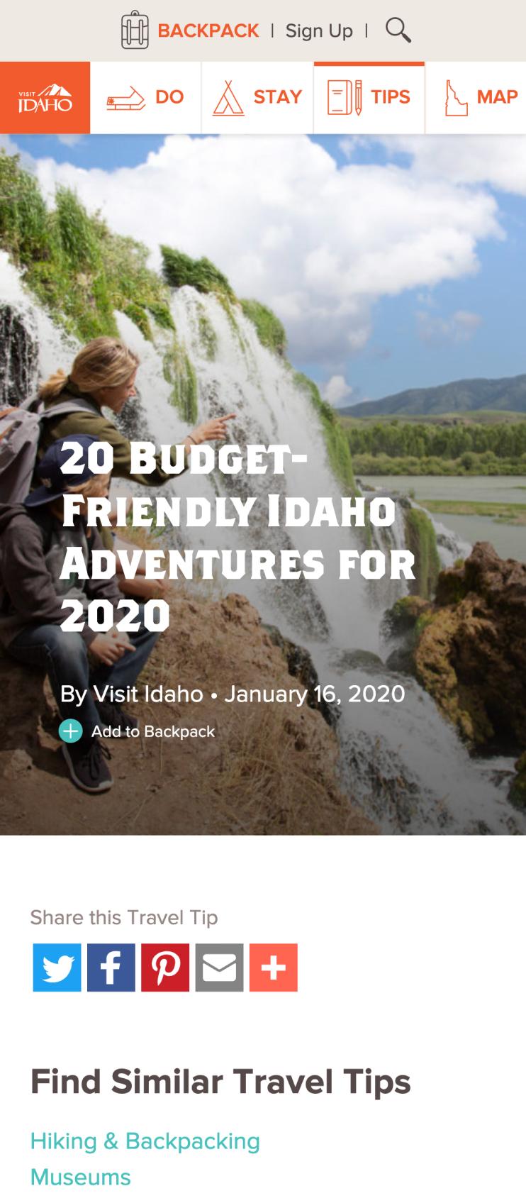 Mobile size webpage showing an article titled 20 Budget-friendly Idaho Advertures for 2020