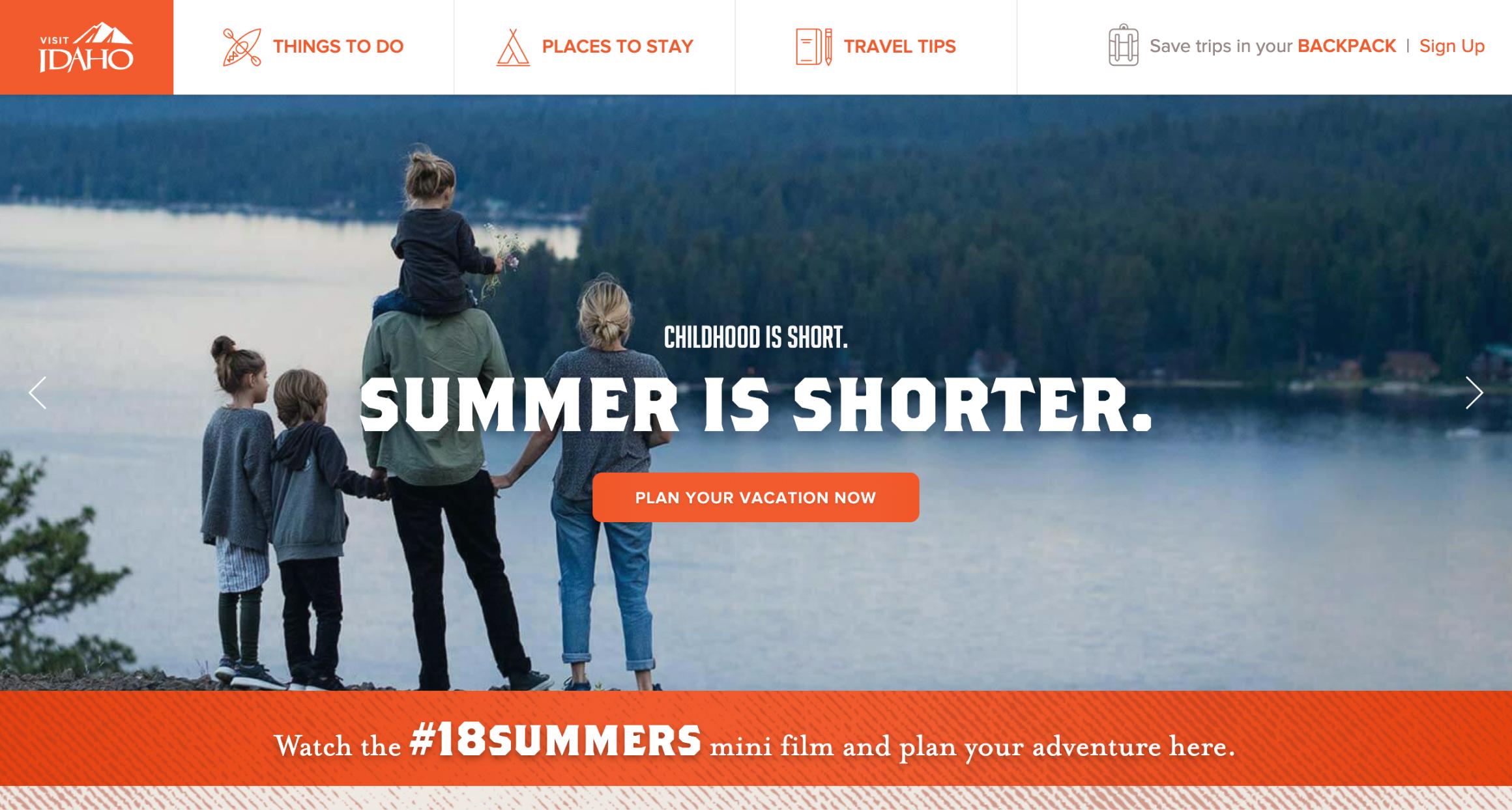 Visit Idaho website homepage, with title Childhood is Short Summer is Shorter
